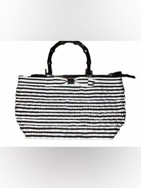 Braciano Women's Black & White Handbag Fabric Ruffle Bamboo Handle 12"x7"x4"